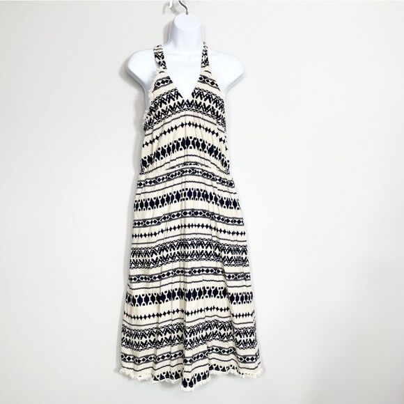 JOA Los Angeles Strappy Halter Navy Blue & Cream Aztec Print Size L - Picture 1 of 6